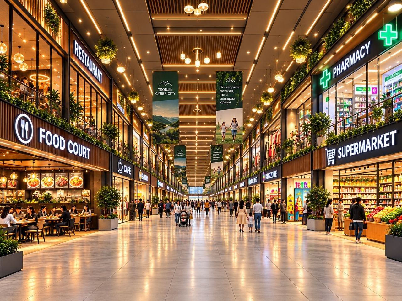Цонжин Захын дотоод орчин — food court, кафе, супермаркет, эмийн сан